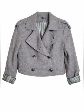 Teenflo Grey Wool Blend Cropped Pea Coat Double Breasted Military Jacket Lined